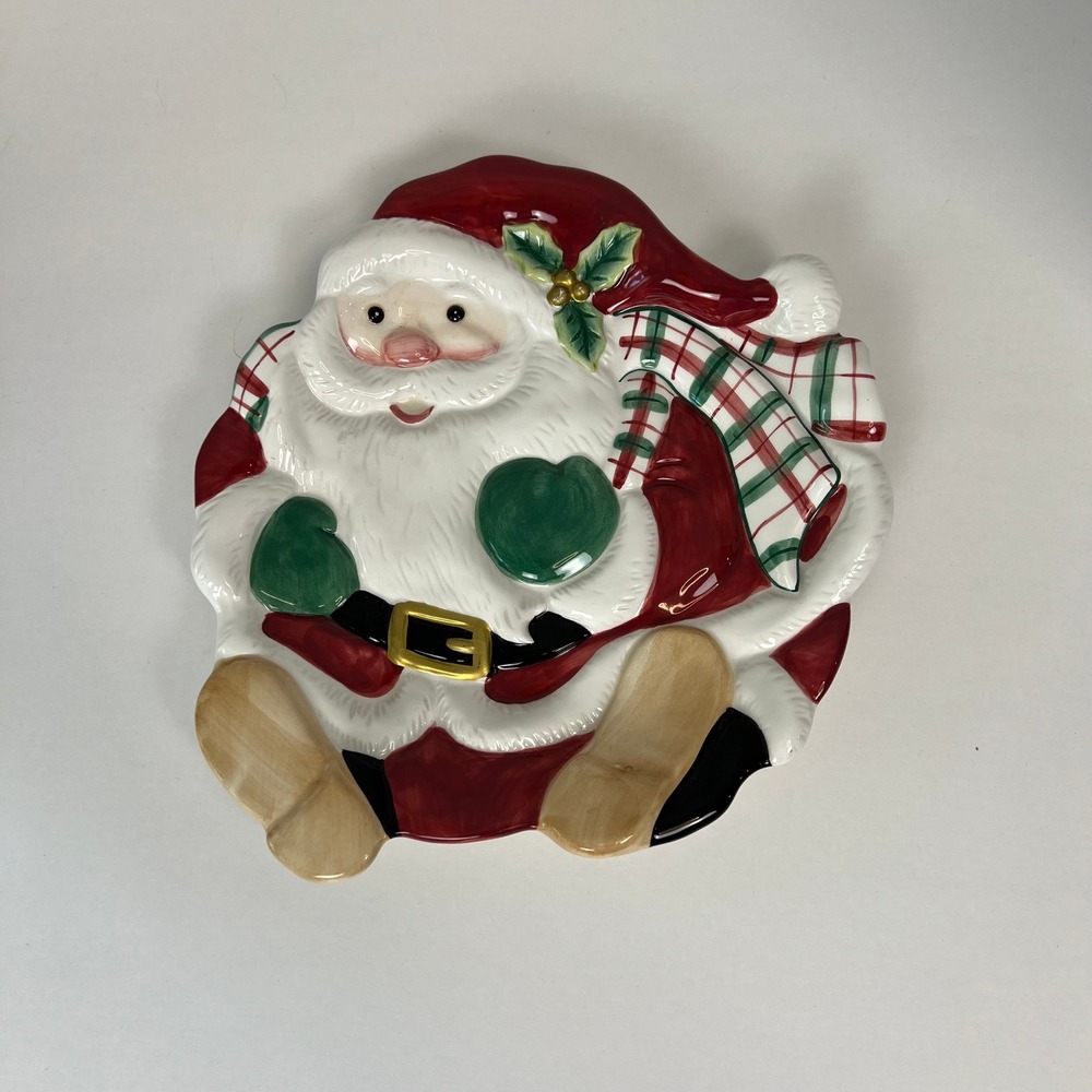 Fritz and Floyd Santa‎ Plate Christmas Holiday Decor Plaid Scarf Ceramic Dish